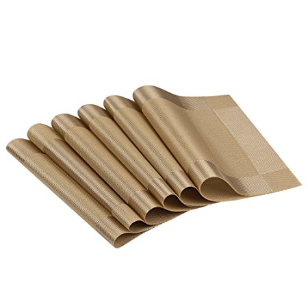 Fanuk Non-slip Insulation Washable PVC Placemats Mats for dining Table Set of 6 (Gold)