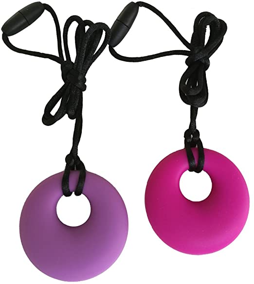 Sensory Chew Necklace for Boys Girls Adults, 2 Pack Silicone Chewy Pendant Jewelry for Autism, ADHD, Baby Nursing or Special Needs Kids, Reduce Chewing Biting Fidgeting for Chewer (Purple&Pink)