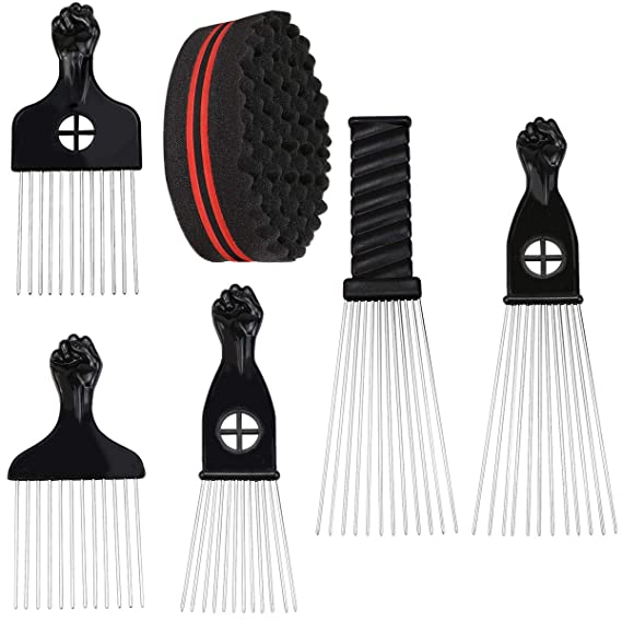 Homgaty 5PCS Afro Pick Comb with 1 Hair Twist Sponge Brush, African American Comb Metal Teeth Hairdressing Styling Tools for Hair Styling Coloring Curling Dyeing