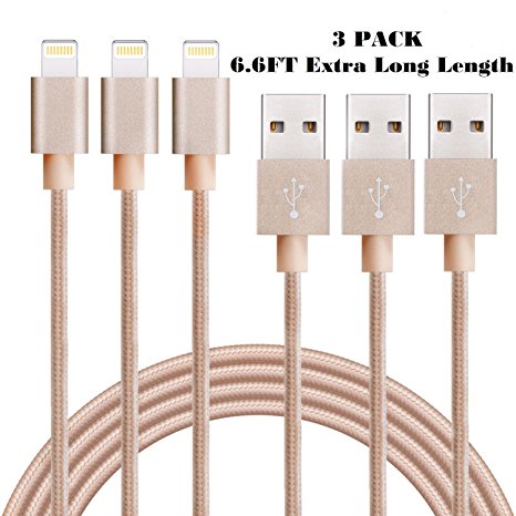 POWERON 3 Pack 6.6ft Certified Nylon Braided 8 Pin To USB Charging Cable Data Transfer For iPhone 7 7S Plus 6 6S Plus 5 5S 5C iPad 4th Mini iPad Air, Pro (Gold)