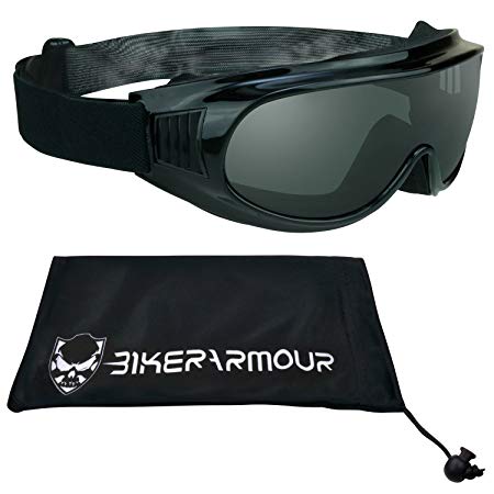 Motorcycle Goggles Fit Over Rx Prescription Glasses with Polycarbonate Safety Smoke Lenses, Free Large Microfiber Cleaning Case -Thunder SMK