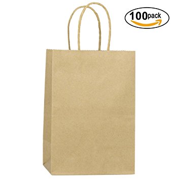 BagDream Kraft Paper Bags 100Pcs 5.25"x3.25"x8" Shopping Bag, Kraft Bags, Party Bags, Brown Paper Bags with Handles