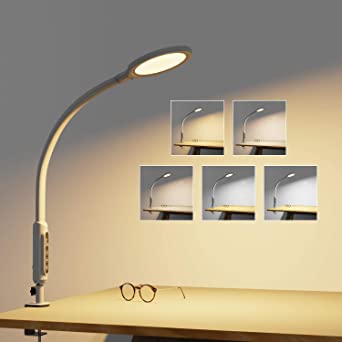 LED Desk Lamp Flexible Gooseneck, Touch Control Dimmable Metal Clamp Light with 10 Brightness Levels & 5 Color Modes, Memory Function, 18W Eye-Care Lamps for Office, Work, Reading, Study White