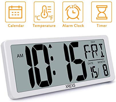 XREXS Large Digital Wall Clock, Electronic Alarm Clocks for Bedroom Home Decor, Count Up & Down Timer, 14.17 Inch Large LCD Screen with Time/Calendar/Temperature Display (Batteries Included)