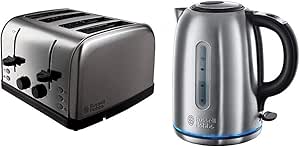 Russell Hobbs Futura 4-Slice Toaster 18790 - Stainless Steel Silver & Hobbs 20460 Buckingham Quiet Boil Kettle, 3000 W, 1.7 Litre, Brushed Stainless Steel Silver