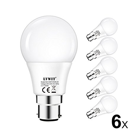 B22 Led Light Bulb, LVWIT A60 Bayonet 8W 4000K Neutral White Equivalent to 60W, Ultra Bright 810Lm, Non-Dimmable LED Light Bulbs, 6 Packs