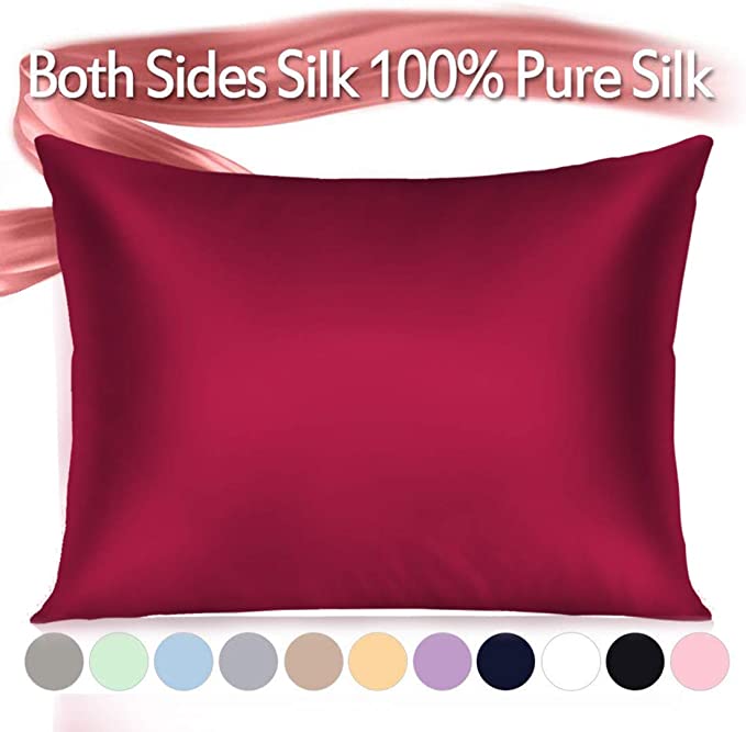 Jaciu 100% Silk Pillowcase for Hair and Skin, Both Side Mulberry Silk Pillowcase 21 Momme 600TC with Hidden Zipper Hypoallergenic Soft and Breathable for Good Sleep（Wine Red,Standard20 x26）