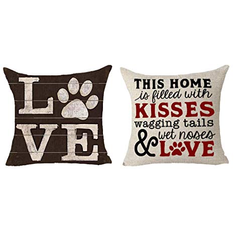 Queen's designer 2 Piece Set Saying This Home is Filled with Kisses Wagging Tails Wet Noses and Love Dog Claw Animal Cotton Linen Decorative Throw Pillow Case Cushion Cover Square 18"X18