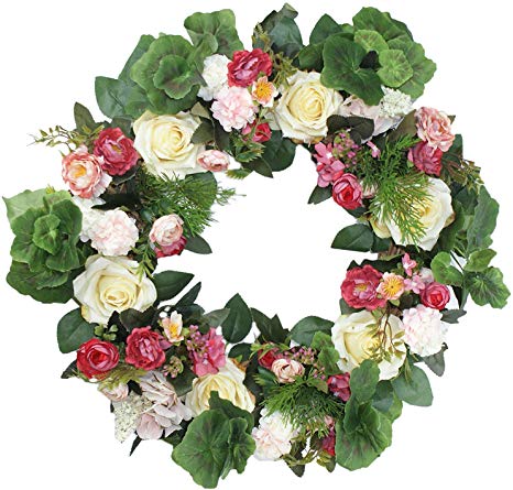 Emlyn Silk Spring Door Wreath- 20 Inch，Beautiful Handcrafted Mix Flowers Front Porch Decoration (Rose Wreath)