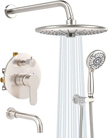 SR SUN RISE 10 Inches Shower Tub Faucets Sets Complete Wall Mounted Shower System with Tub Spout High Pressure 3-Spray Rain Shower Head and 6-Setting Handheld Combo, Valve Include Brushed Nickel