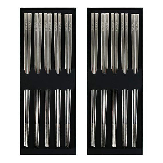 10 Pairs Reusable Chopsticks 304 Stainless Steel Non-slip Japanese Dishwasher Safe 9.8 Inch Chopsticks Set with Gift Case