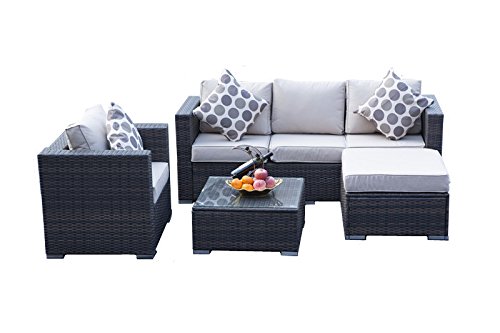 YAKOE Rattan 5-Seater Garden Furniture Sofa Table Chairs Set with Fitting Furniture Cover - Brown Weave