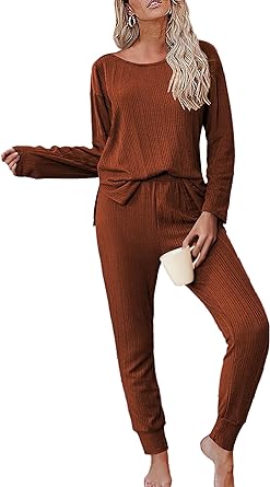 Ekouaer Women Pajamas Long Sleeve Off Shoulder Pj Sets 2 Piece Lounge Set Sweatsuit S-XXL