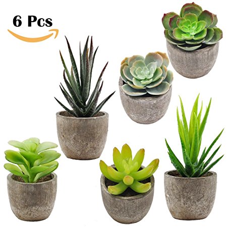 Supla 6 Pcs Assorted Potted Succulents Plants Decorative Artificial Succulent Plants Potted Faux Cactus Aloe with Gray Pots Artificial Topiary Plant Potted