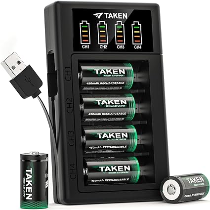 Taken CR123A Battery 6 Pack, 3V Rechargeable Batteries with 4 Port Charger Cycle 2000  Times for Flashlight, Smoke Detector, Glassbreak Sensor