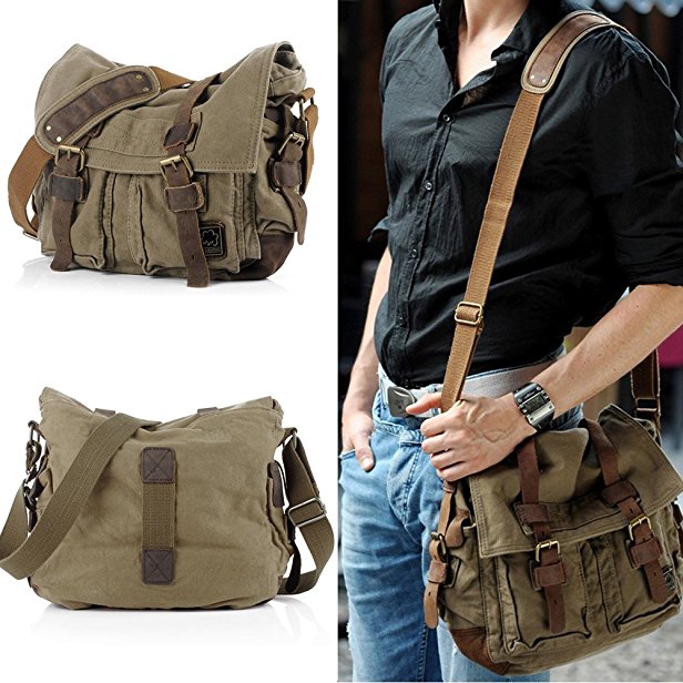 Messenger Bag,Bienna Vintage Military Canvas Satchel Laptop Over Shoulder Crossbody Sling Bag Handbag Side Bags Purse with Leather Straps for Men Women School Outdoor Sports EDC 15"-Army Green