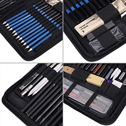 Zerone Drawing and Sketching Pencil Set, 48Pcs Sketching Art Kit with Sketch/Graphite/Charcoal/Pastel Pencils, Sharpener,Eraser,Sandpaper Block, A5 Painting Book and Zippered Carrying Case