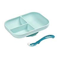 BEABA Silicone Suction Divided Plate Set - Easy to Clean - Dishwasher and Microwave Safe - Soft, Unbreakable, Non-Slip Suction Bottom - Includes Plate and Silicone Spoon (Sky)