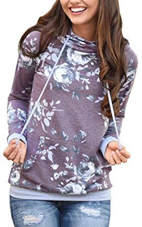 Angashion Women Hoodies-Tops- Floral Printed Long Sleeve Pocket Drawstring Sweatshirt With Pocket