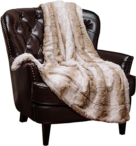 Chanasya Super Soft Fuzzy Fur Elegant Faux Fur Falling Leaf Pattern With Fluffy Plush Sherpa Cozy Warm Brown Throw Blanket (60" x 70") - Brown and White