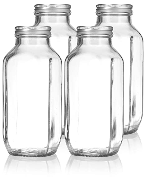 16 oz / 480 ml Clear Thick Plated Glass French Square Empty Bottle Jar with Metal Silver Lid (4 Pack) Perfect for Home, Travel, Juicing, Kombucha