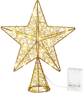 Christmas Tree Top Star with Warm LED Lights 10 Inch Glittered Christmas Star Tree Toppers Christmas Tree Decorations Xmas Tree-top Star Decoration for Rustic Farmhouse Holiday Ornaments (Gold)