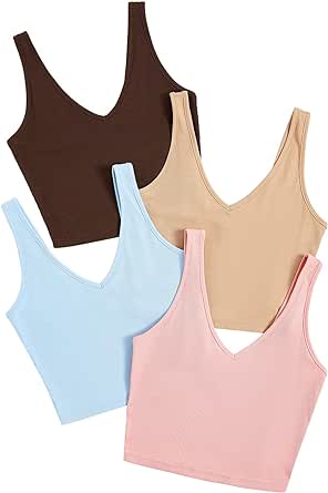 Milumia Women's 4 Pack Ribbed Knit V Neck Sleeveless Plain Fitted Crop Tank Top Set