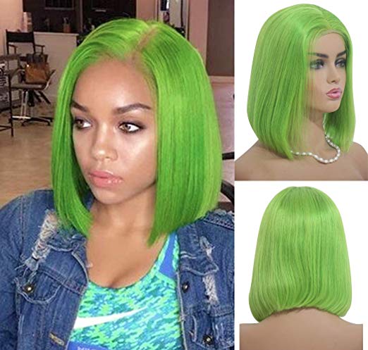 Benafee Short Lace Front Bob Wigs Silky Straight Human Hair Wigs Middle Part Glueless Frontal Lace Bob Wig for Women Pre Plucked Natural Hairline 180% Density Remy Hair (8 inch, Light Green)