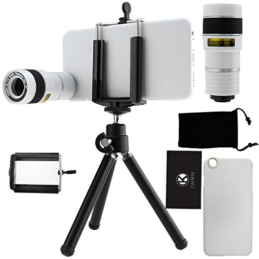 CamKix Camera Lens Kit Bundle of 8X Telephoto Lens, Tripod, Phone Holder, Hard Case, Velvet Bag and Microfiber Cleaning Cloth for iPhone 6 / 6S - White