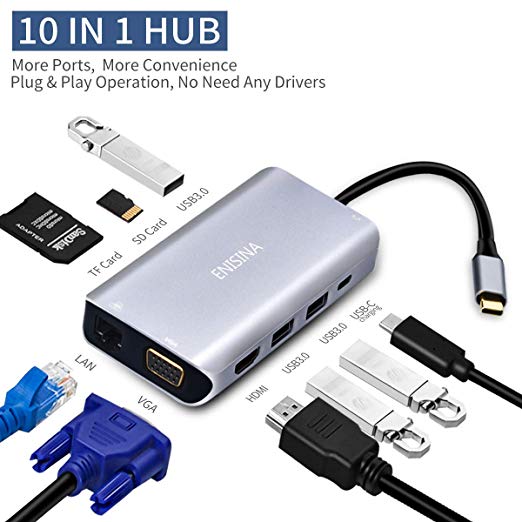 Enisina USB C Hub 10 Port Aluminum With 4K HDMI, VGA, 3 USB 3.0, Gigabit Ethernet RJ45, Type C PD 60W (20V,3A), SD/TF Card Reader for MacBook Pro 2016~2018, ChromeBook Pixel and more Type C devices