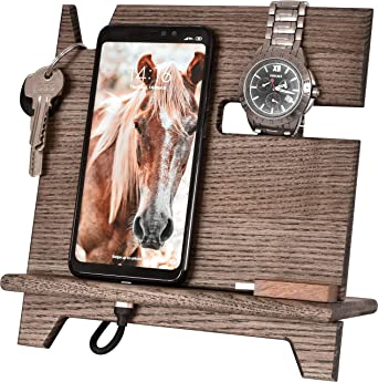 BarvA Wood Dock-ing Station Cell-Phone Smart-Watch Holder Men Charging Accessory Father Night-Stand Mobile Gadget Desk-top Organizer Dresser Wallet Storage Adult Anniversary Birth-Day Graduation Gift