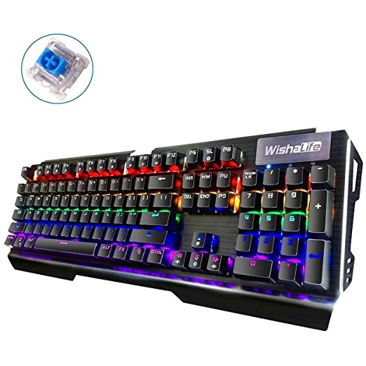 WishaLife Ergonomic LED Backlit Mechanical Gaming Keyboard with Blue Switches DIY, 104 Key Anti-ghosting, Replaceable Switches Perfect for PC & Mac Gamers (Black)