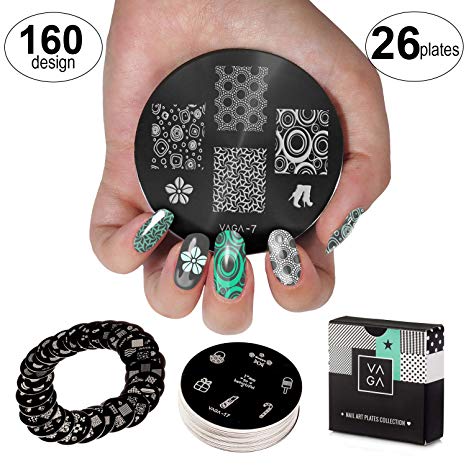 VAGA 26 nail stamping plates acrylic nail kit as 160 nail stamp designs to match your gel nail polish & stamping polish colors, complete your manicure set, nail art kit or stamping nail art supplies