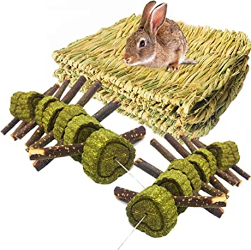 Rabbit Chew Toys, Rabbit Grass Mat Bunny Chewing Toys for Teeth Woven Bed Mat, Bunny Bedding for Small Animals for Pet Nesting, Chewing Play Toy for Guinea Pig, Hamster, Squirrel and More（5 Pack）