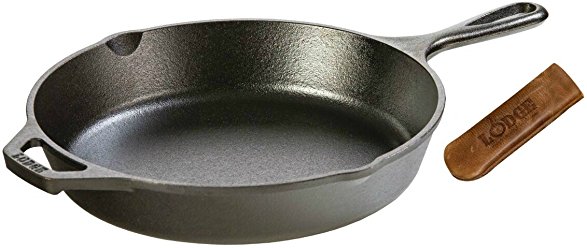 Lodge Seasoned Cast Iron Skillet with Hot Handle Holder- 10.25” Cast Iron Frying Pan with Genuine Leather Hot Handle Holder.