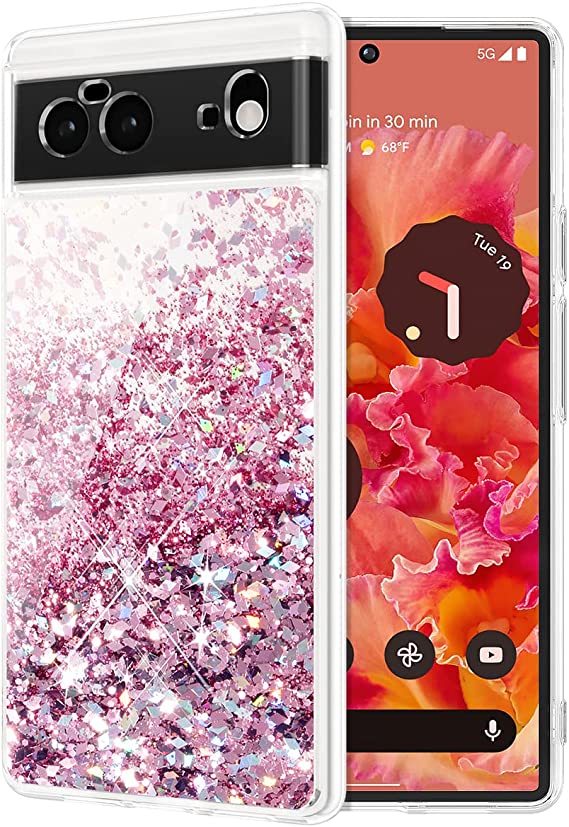 Caka Case for Google Pixel 6, Pixel 6 Glitter Phone Case Girly Women Bling Sparkle Luxury Flowing Quicksand Soft TPU Clear Case Cover for Google Pixel 6 (6.4 inches) (Rose Gold)