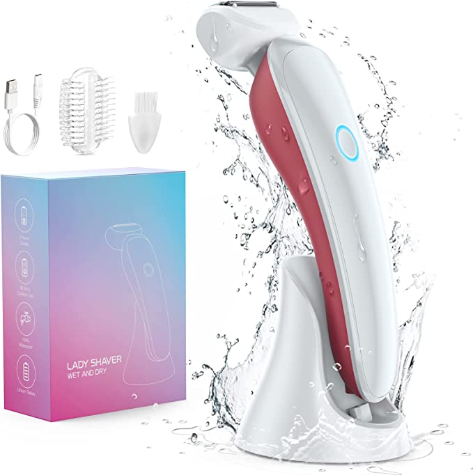 Electric Razor for Women, RenFox Bikini Trimmer Electric Shaver for Women Body Hair Removal for Legs Underarms Rechargeable Painless Womens Shaver Wet Dry Use with LED Light - Red