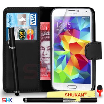 Samsung Galaxy S5 Premium Leather Black Wallet Flip Case Cover Pouch   2 IN 1 Ball Pen Touch Stylus Pen   RED 2 IN 1 Dust Stopper   Screen Protector & Polishing Cloth SVL6 BY SHUKAN®, (WALLET BLACK)