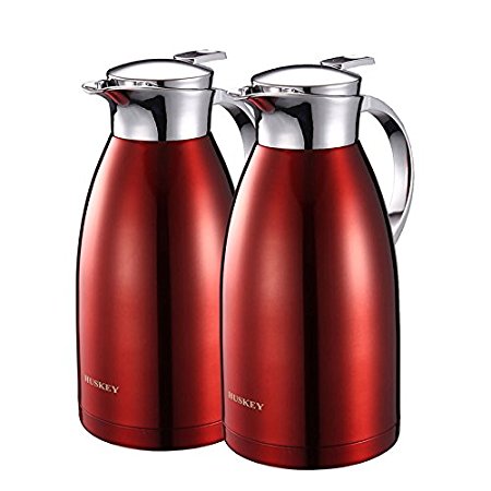Huskey 68 Oz Stainless Steel Thermal Coffee Carafe, Double Walled Vacuum Insulated Carafe with Press Button Top, Quality Thermal Pitcher, Beverage Dispenser, 2-liter (2Pcs Package) (2)