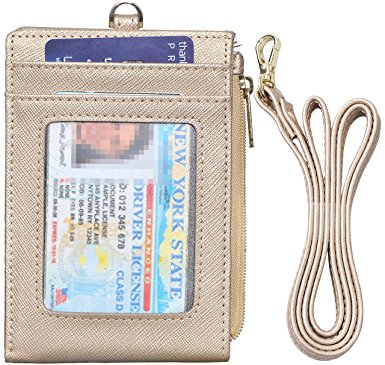 Beurlike Bifold ID Badge Holder Wallet Neck Lanyard Genuine Leather ID Card Case