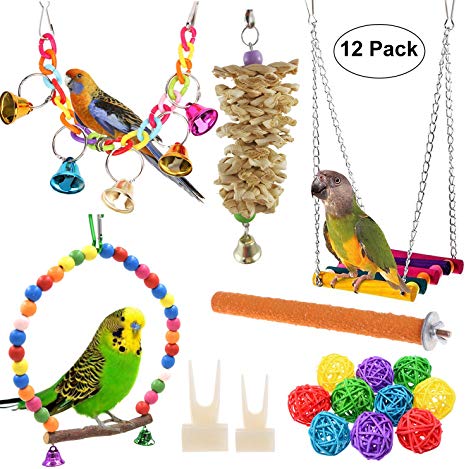 Anteer 12 Packs Bird Parrot Swing Chewing Toys - Hanging Bell Birds Cage Toys Suitable for Small Parakeets, Cockatiel, Conures,Finches,Budgie,Macaws, Parrots, Love Birds