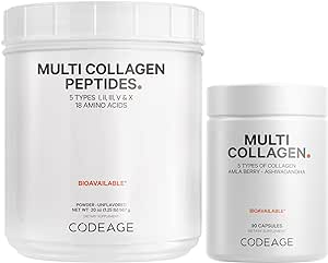 Codeage Multi Collagen Protein Capsules & Multi Collagen Protein Powder Bundle | Multi Collagen Pills, Collagen Types I, II, II, V & X, 90 Count | Multi Collagen Peptides - Pure, Hydrolyzed, 20 oz