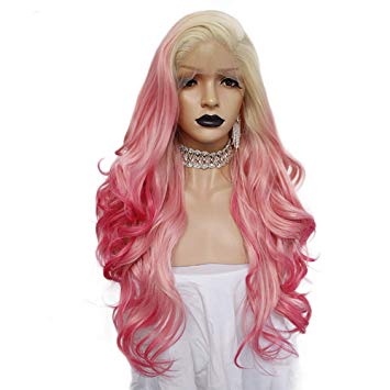 Anogol Hair Cap   Pink Lace Front Wig with Side Part Pink Ombre Lace Wig Body Wave Lace Front Wigs Long Multicolor Front Lace Wigs Pink Synthetic Hair Wigs for White Women