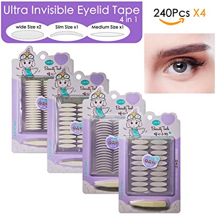 4 Pack/960Pcs Natural Invisible Single/Double Side Eyelid Tapes Stickers, Medical-use Fiber Eyelid Strips, Instant lift Eye Lid Without Surgery, Perfect for Hooded, Droopy, Uneven, Mono-eyelids