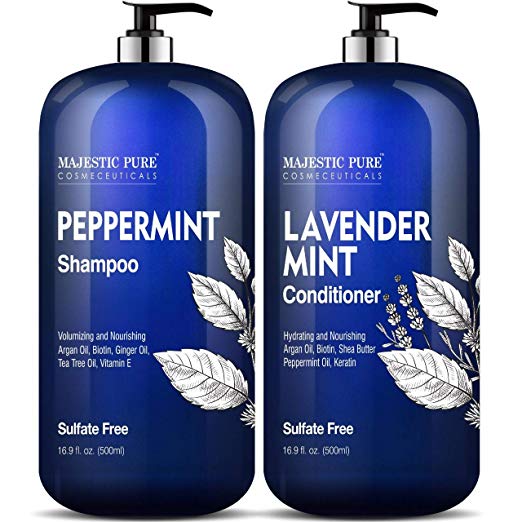 MAJESTIC PURE Peppermint Oil Shampoo and Lavender Mint Conditioner Set - Hair Growth Stimulating Formula with Biotin for Thinning Hair, Fights Hair Loss, Sulfate Free - Men and Women - 16.9 fl oz x 2