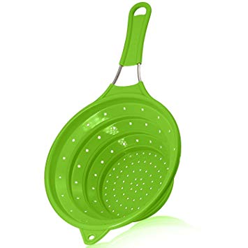 Collapsible Silicone Colander for Kitchen Use. Food Strainer with Stainless Steel Handle, 100% BPA Free and Food Grade Silicone, Perfect for Rinsing or Draining Pasta, Vegetables and Fruits. (Lime)