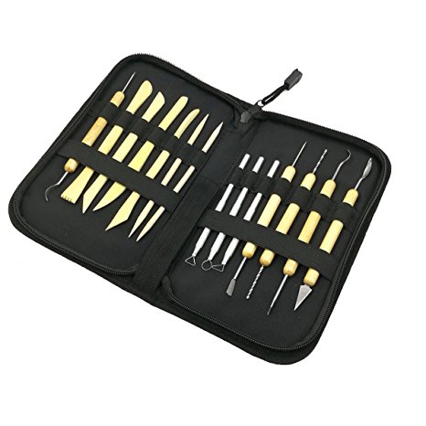 Ceramic Clay Pottery Sculpting Carving Tool Set, GoFriend 14 Pieces All-in-one Wood Clay Modeling Tools Boxwood Sculpture Ceramic Tools Kit with Canvas Zippered Case
