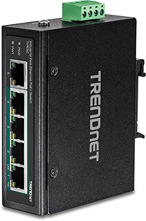 TRENDnet 5-Port Industrial Fast Ethernet DIN-Rail Switch, 4 x Fast Ethernet PoE  Ports, 1 x Fast Ethernet Port, 90W PoE Power Budget, DIN-Rail, IP30 Rated, Lifetime Protection, Black, TI-PE50