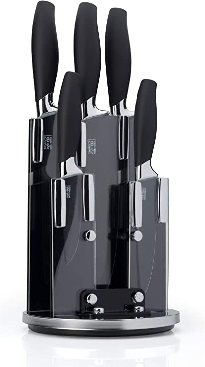 5pc Kitchen Knife Block Set - Brooklyn Range by Taylors Eye Witness. Chrome Coloured Bolsters, Finely Ground Razor Sharp Stainless Steel Blades. Soft Grip Handles. Set In Matching Rotating Holder.