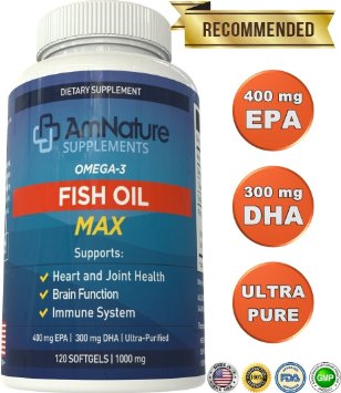 Fish Oil MAX Rich In Omega-3 Fatty Acids with Recommended 400mg EPA and 300mg DHA Per Softgel, 4-Month Supply, 120 Softgels 1000mg, Super Strength, Ultra-Purified, 100% Satisfaction Guarantee